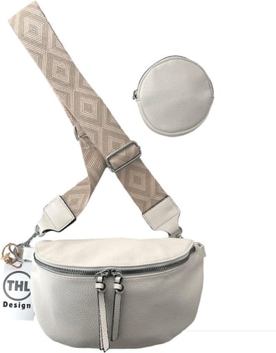 THL Design - Dames Crossbody Tas - Klein Schoudertasje - Heuptasje Dames - Bag Strap - Tassenriem beige / wit - Brede Riem - Wit