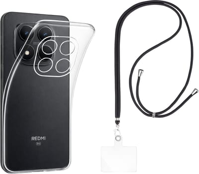 Set met hoesje en nekband voor xiaomi redmi note 15 pro plus 5g - Flexibele, transparante TPU-bescherming, verstelbare universele nekband voor mobiele telefoons, zwarte nekband, transparante draagriem van Phonillico®