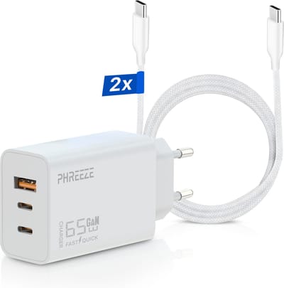 65w usb C Adapter met 3 Poorten + 3 Meter usb-C Kabels - Snellader voor Laptop, Smartphone en Tablet - Universele usb-C Oplader