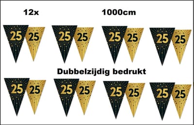 12x Luxe Vlaggenlijn 25 jaar 10 meter goud/zwart - dubbelzijdig bedrukt - Jubileum verjaardag thema feest
