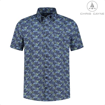 Chris Cayne heren overhemd - M - blauw/groen - korte mouwen - geprint shirt - borstzak - button down kraag