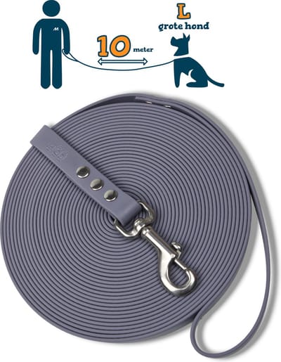 Miqdi lange lijn – BioThane® - grijs – 10meter lang – 19mm breed – L/XL - grote hond– lange hondenriem