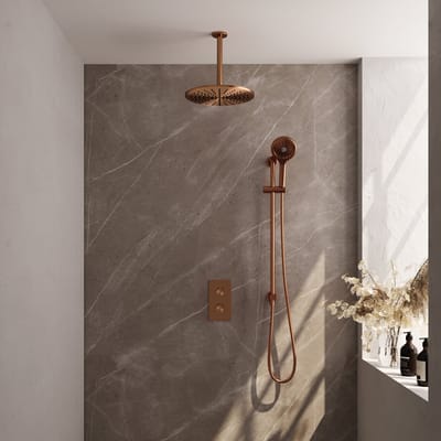 Brauer Copper Edition thermostatische inbouw regendouche 3-weg omstelling SET 48 met 30 cm douchekop en plafondarm en 3-standen handdouche en doucheslang en geïntegreerde glijstang koper geborsteld PVD