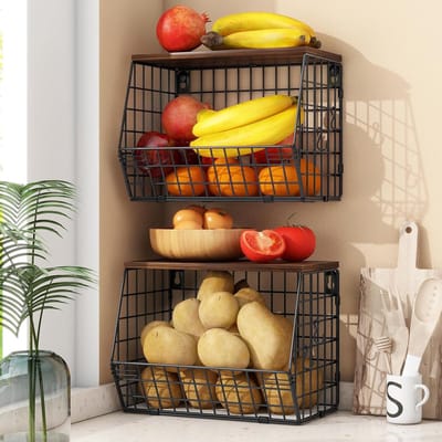 Famanu – Hangrek fruitmand met bananenhanger – muur/stapelbare keuken organizer voor snacks en groen