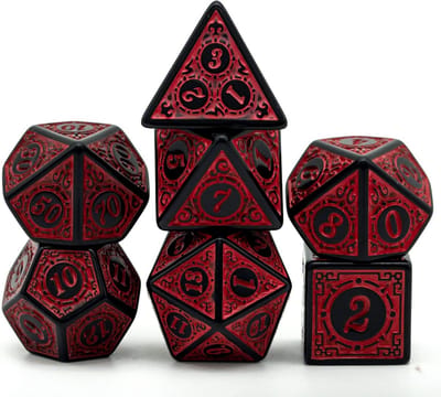DND Dobbelstenen Set -D & D Polyhedral Dobbelstenen (7 stuks) met zwarte dobbelstenen zak voor kerkers en draken rollenspel, dobbelspellen RPG's (dobbelsteen zwart rood)