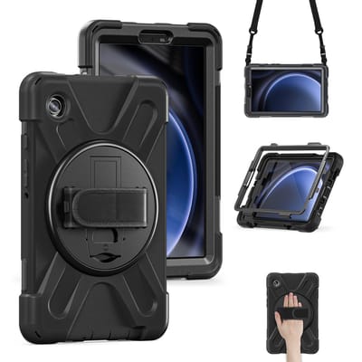 Xccess Tablethoes geschikt voor Samsung Galaxy Tab A9 (2023) Hardcase Backcover | Xccess Survivor All-round + Schouderband | Schokbestendig Galaxy Tab A9 (2023) Telefoonhoesje | Anti Shock Proof + Standaard - Zwart