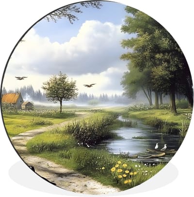 WallCircle - Wandcirkel - Muurcirkel - Zandpad - Groen landschap - Water - Aluminium - Dibond - 30x30 cm - Binnen en Buiten