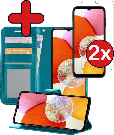 Hoesje - Met 2x Screenprotector - Geschikt voor Samsung Galaxy A14 - Luxe Pasjeshouder - Flip Case - Bookcase Portemonee - Kunstleer Book Case - Flipcase Hoes - Book Cover - Walletcase - Portemonneehoes - Telefoonhoes - Turquoise