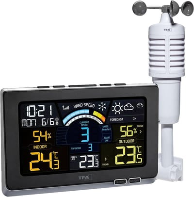 Weerstation Draasloos Binnen/Buiten - Draadloze Weerstation - Zwart - Temperatuur en Vochtigheid Binnen en Buiten - Weersvoorspelling en Windmeter - Voor Thuisgebruik