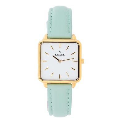 KRAEK Talia Goud Wit 28 mm - Dames Horloge - Groen Leder horlogebandje - Vierkant - Echt lederen band
