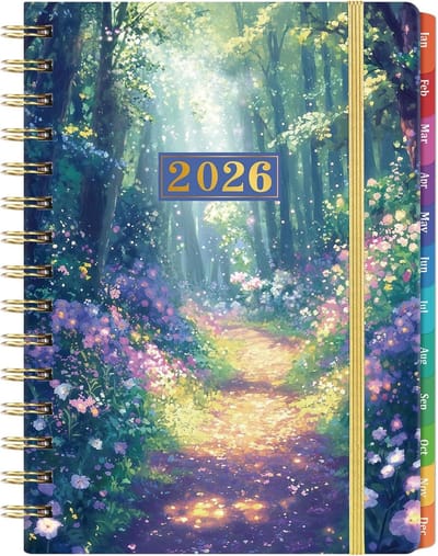 Jaarplanner 2026 - Agenda Maand Overzicht - Afspraken Plannen - Kleurrijke Tabs Achterzak - 20.5 x 6.4 Inch - Bospad Ontwerp