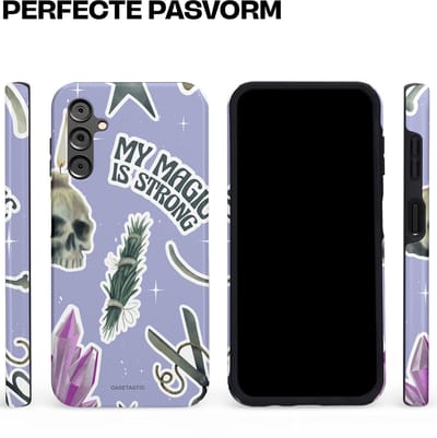 Casetastic hoesje geschikt voor Samsung Galaxy A14 (2023) 5G / Samsung Galaxy A14 (2023) 4G - Dubbellaagse bescherming - Lila Paarse Hekserij Strong Magic Sterren Collage - Fashion Case - Lila Lichtgrijs Wit