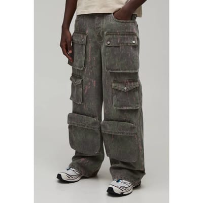 Bedrukte Gewassen Baggy Cargo Jeans | Grey | Size 28R