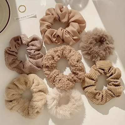 Set 7 Scrunchies - Bruin - Pluche - Teddy - Goede Kwaliteit - Leuk Als Cadeau