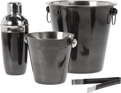 Excellent Houseware Barset, Cocktailset - 4-delig - Cocktailshaker, wijnkoeler, ijsemmer, ijstang - Zwart - RVS