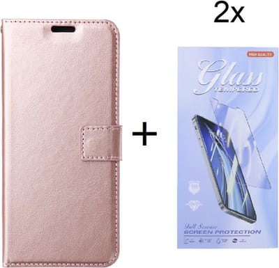 Bookcase Geschikt voor: Samsung Galaxy A05s Rosegoud - Portemonnee hoesje met 2 stuk Glas Screen protector - Book Cover