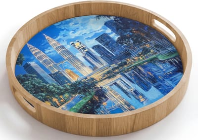 Dienblad rond 40x40 cm - Schootdienblad hout - Stad Kuala Lumpur - Skyline - Wolkenkrabbers - Water - Borrelplank rechthoek - Plateau houten dienbladen