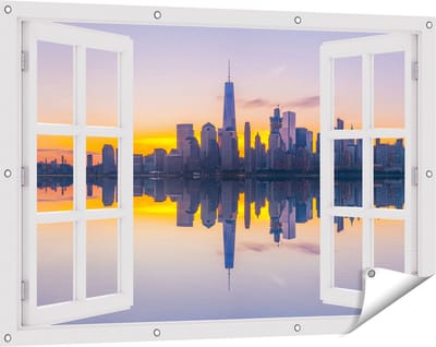 Gards Tuinposter Doorkijk New York Skyline bij Zonsopgang - 120x80 cm - Tuindoek - Tuindecoratie - Wanddecoratie buiten - Tuinschilderij
