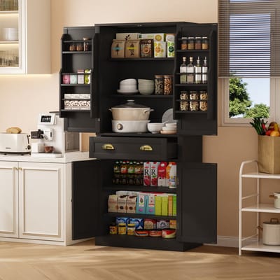 MIVRAY Voorraadkast - Hoge Opbergkast Met 4 Deuren En 1 Lade - Verstelbare Planken Voor Keuken En Woonkamer - 80x40x182 cm - MDF - Zwart
