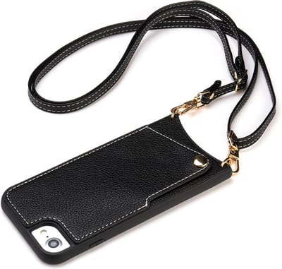 CaseBoutique Backcase hoesje geschikt voor iPhone SE (2022)/SE (2020)/8/7 - Effen Zwart - Kunstleer - met Crossbody Koord & Pashouder