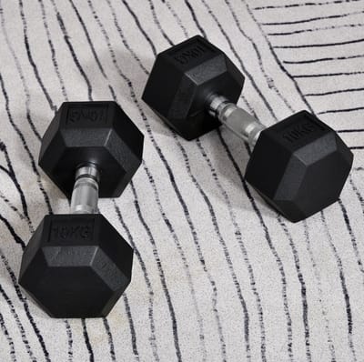 MEUNIQ hexagon dumbbells 2 x 10 kg set, zwarte gietijzeren halters met rubbercoating, gekartelde greep, antislip zeshoekig ontwerp voor thuis en fitness