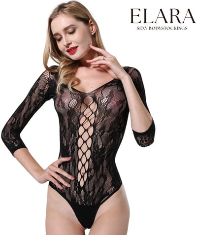 Elara Celinae – Erotische Net Body Dames | Sexy Bodystocking met Kant Details | Sexy Lingerie | One Size (S–L) – Zwart