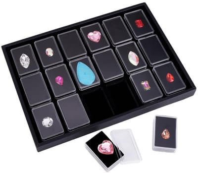 Dailygoods- Edelstenen Houder - 18 Stuks - Opbergdoos met Deksel - Organizer - Displaydoos - Zwarte Buitendoos - Inclusief Sponsmat