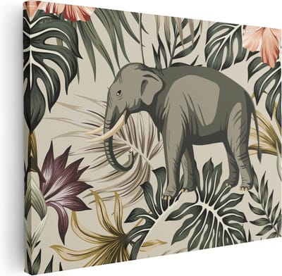 Artaza Canvas Schilderij Olifant Botanisch - 40x30 cm - Klein - Muurdecoratie Dieren - Wanddecoratie Jungle - Kamer Accessoires