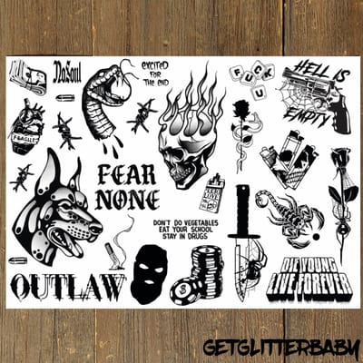 GetGlitterBaby® - Stoere Tattoos / Tijdelijke Tattoo / Henna Plak Nep Tatoeage voor Volwassenen / Festival Tattoes / Fake Temporary Halloween Tattoo - Outlaw