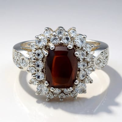 Cavill - Zilveren Ring - 925 Sterling Zilver - Rode Tijgeroog 1,85 ct - Witte Topazen 2,96 ct - Elegant Antiek Bloemmotief