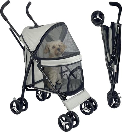 Paraplu vormige lichtgewicht 4-wiel hondenwandelwagen voor middelgrote en kleine honden, draagbare compacte kinderwagen met ademend gaas, perfect voor reizen, joggen, tot 22 lbs (grijs)