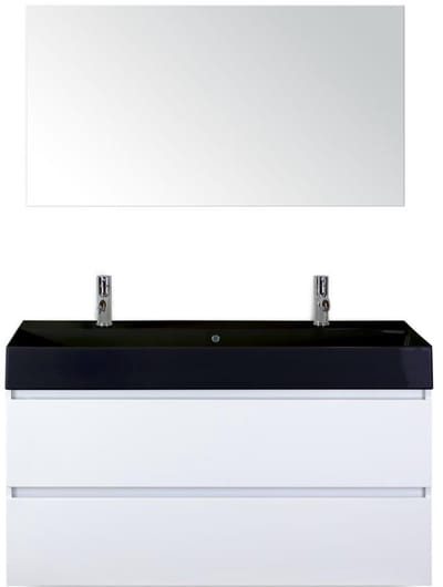 Maxx XL Badmeubelset 120 cm - Wit Hoogglans - Wastafel Kube Enkel Zwart 2 Kraangaten met Spiegel