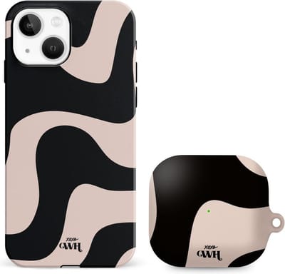 xoxo Wildhearts telefoonhoesje geschikt voor iPhone 13 met AirPods 3 hoesje - set - Ride With Me - Double Layer - Telefoonhoesje met dubbele beschermlaag - Golvend patroon case - Zwart en beige