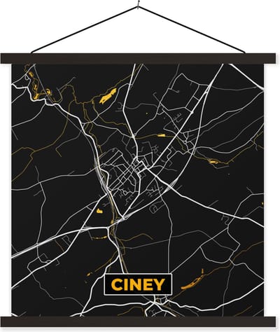Posterhanger incl. Poster 60x60 cm - Schoolplaat - Plattegrond - Kaart - Ciney - Stadskaart - Goud - Textielposter - Zwarte latten - Stadskaart