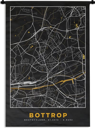 Wandkleed - Wanddoek - Bottrop - Stadskaart - Goud - Duitsland - Plattegrond - Kaart - Black and Gold - 120x180 cm - Wandtapijt