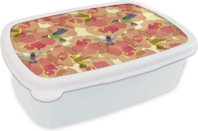 Broodtrommel Wit - Lunchbox - Brooddoos - Vogel - Bloemen - Patronen - Kolibrie - 18x12x6 cm - Volwassenen