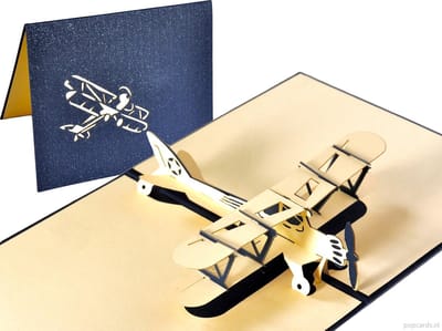 Popcards popupkaarten - Klassiek vliegtuig met propellor dubbeldekker pop-up kaart