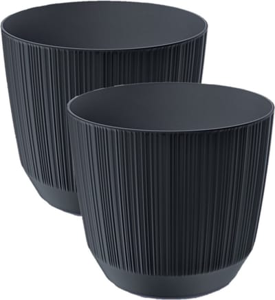 Prosperplast Plantenpot - 2x stuks - stripe - antraciet grijs - kunststof - D17xH15 cm - voor binnen/buiten