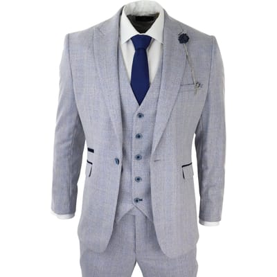 Heren 3-delig tweed pak lichtblauw geruit Peaky Blinders 1920 Gatsby trouwpak