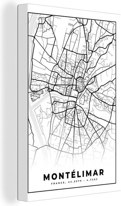 Canvas Schilderij Frankrijk – Plattegrond – Stadskaart – Montélimar - Kaart - Zwart wit - 20x30 cm - Wanddecoratie