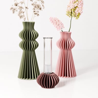 Fleuriek - Stekvaasjes set van 3 met glazen buisjes - Groen, roze, rood - Moderne woondecoratie voor tafel