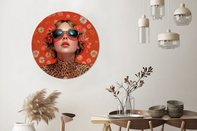 WallCircle - Wandcirkel - Muurcirkel - Vrouw - Kleurrijk - Dierenprint - Bloemen - Aluminium - Dibond - 90x90 cm - Binnen en Buiten