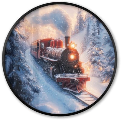 Poster in lijst Rond - Fotolijst 60x60 cm - Posters - Kersttrein - Sneeuw - Winter - Kerst - Ronde posterlijst zwart - Decoratie - Wanddecoratie woonkamer - Kerstdecoratie voor binnen - Kerstversiering - Kerstmis versiering in huis - Kerstaccessoires