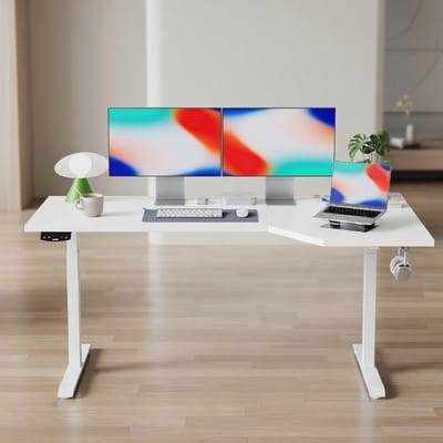 L-vormig elektrisch zit-sta bureau 150x90 cm – ergonomisch verstelbaar hoekbureau met geheugenfunctie & stille motor – modern thuiswerk bureau wit – Mobili Bella .