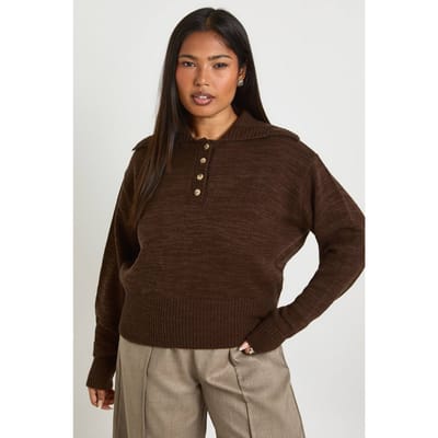 boohoo Dames Plus Gebreide Henley Trui met Kraag | Chocolate | Maat: 28