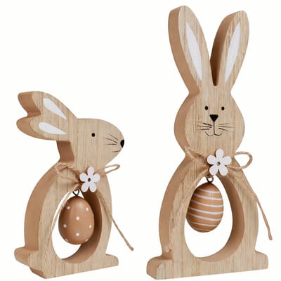 FSW-Products Paasdecoratie Houten Paashazen 2 stuks met Hangend Ei Decoratie Figuren