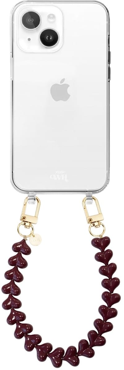 xoxo Wildhearts siliconen hoesje geschikt voor iPhone 13 hoesje - Funky Hearts (Burgundy) - Telefoonhoesje - Hoesje met koord - Donkerbruin / Bruin koord - kort telefoonkoord - Hartjes ketting - Transparant hoesje