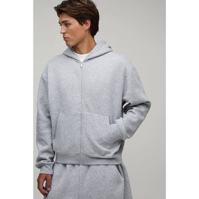 Essential Oversized Boxy Zip Through Hoodie | Grey Marl | Size 5XL