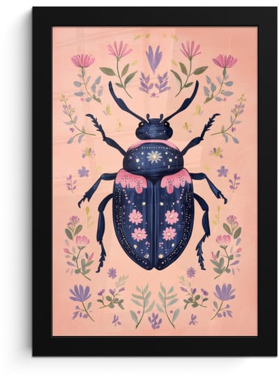 Poster in lijst - Fotolijst 20x30 cm - Posters - Kever - Donkerblauw - Bloemen - Sierlijk - Posterlijst zwart - Decoratie - Wanddecoratie woonkamer - Muurdecoratie slaapkamer