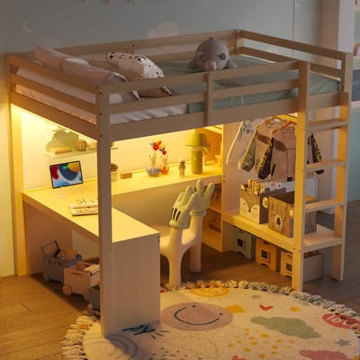 Hoogslaper - 140x200 - Hout Hoogslaper Met Multifunctionele Planken Onder Bureau LED USB - bureau en opslag combinatie - Hout - Natuurlijk